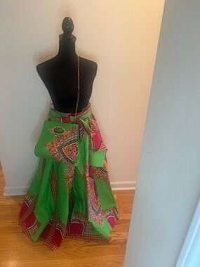 Vibrant Green & Pink Maxi Skirt with Ethnic Print